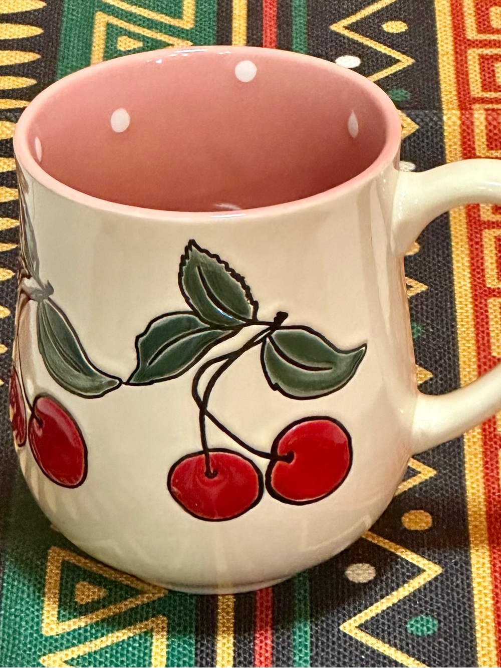 Market Square 3D Embossed Red Cherries Coffee Mug Pink Inside